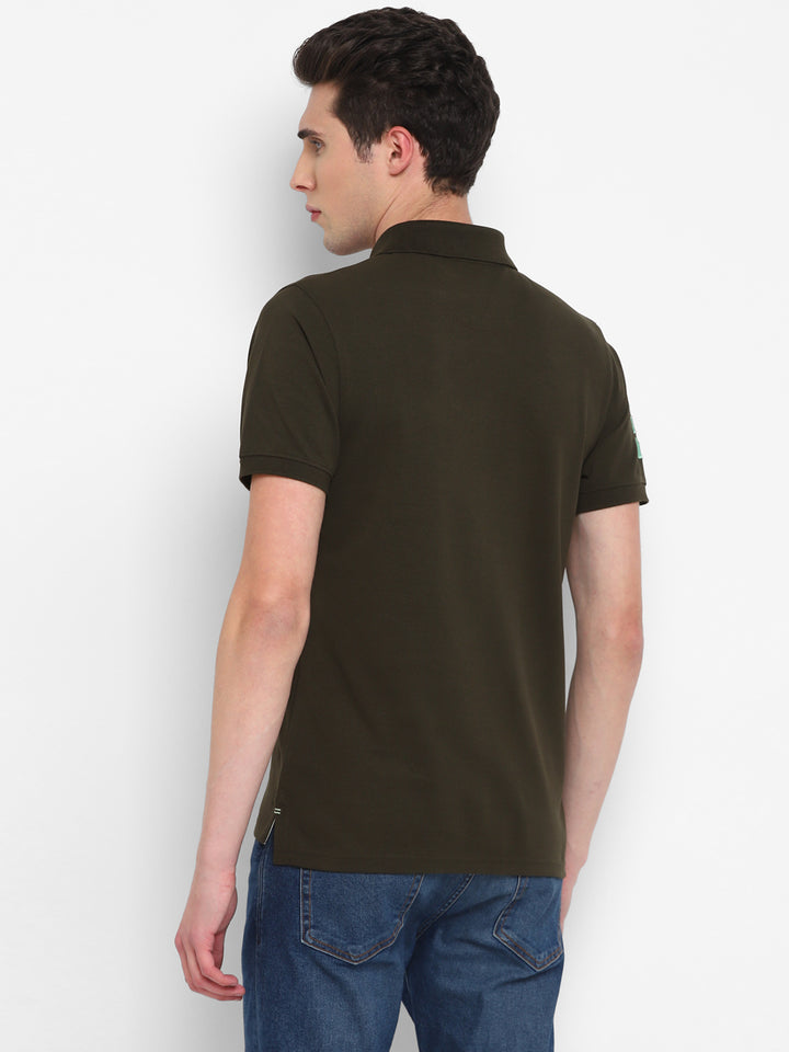 Polo T-Shirt For Men with Pocket with No.3 Applique - Olive