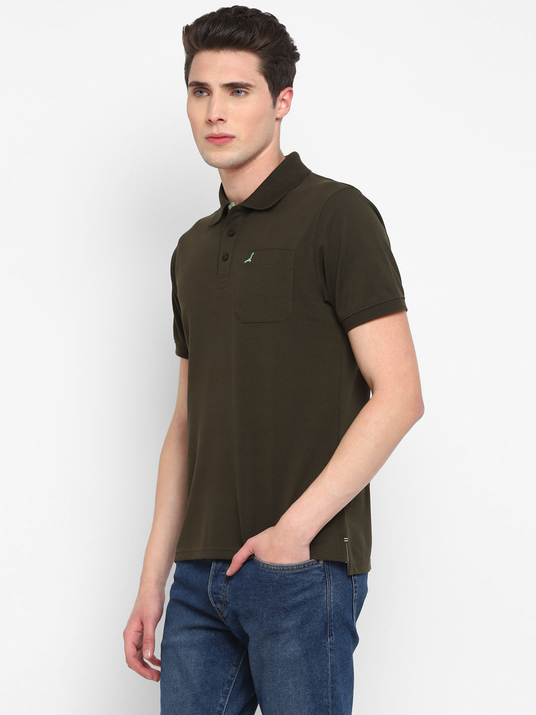 Polo T-Shirt For Men with Pocket with No.3 Applique - Olive