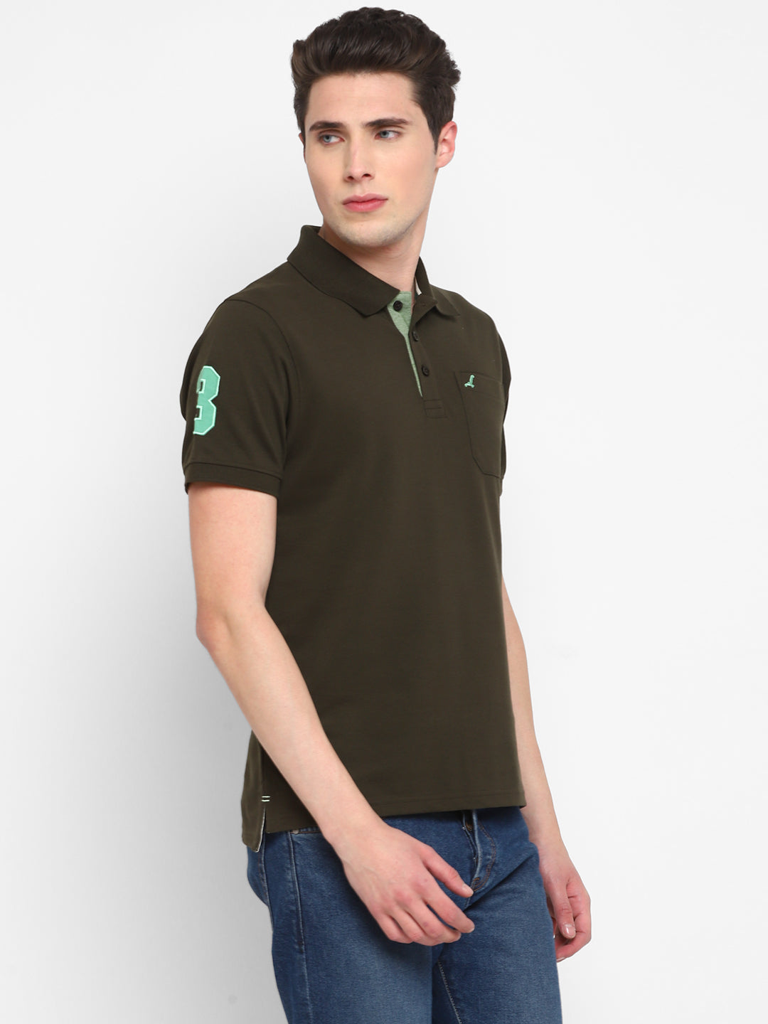 Polo T-Shirt For Men with Pocket with No.3 Applique - Olive