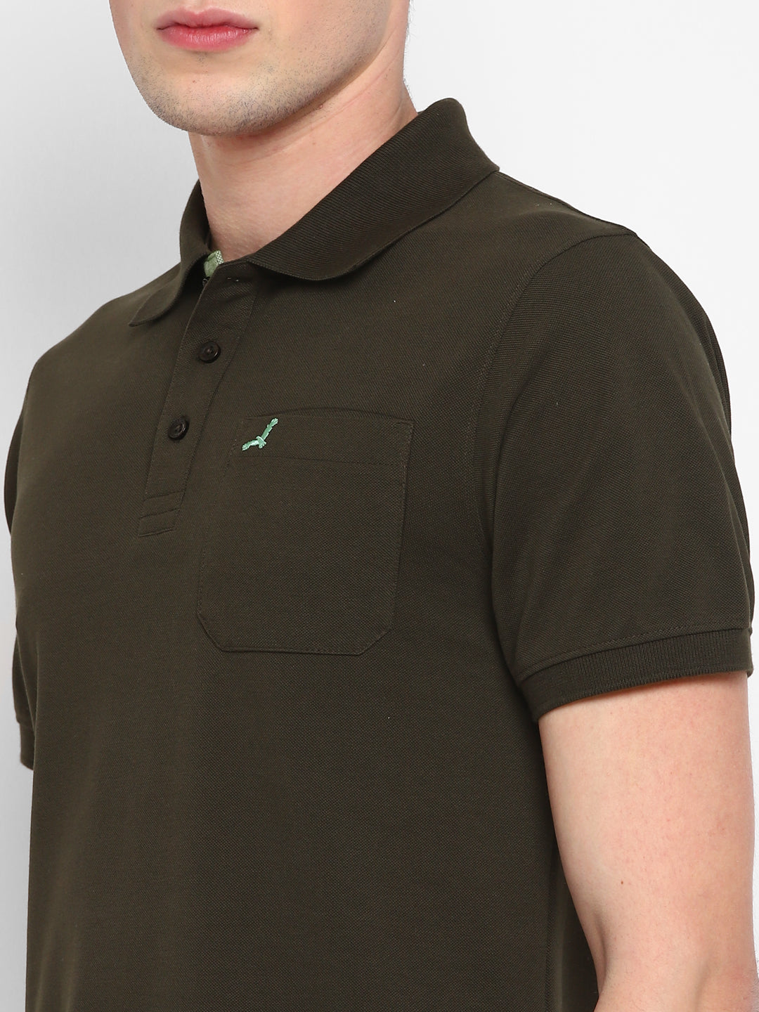 Polo T-Shirt For Men with Pocket with No.3 Applique - Olive